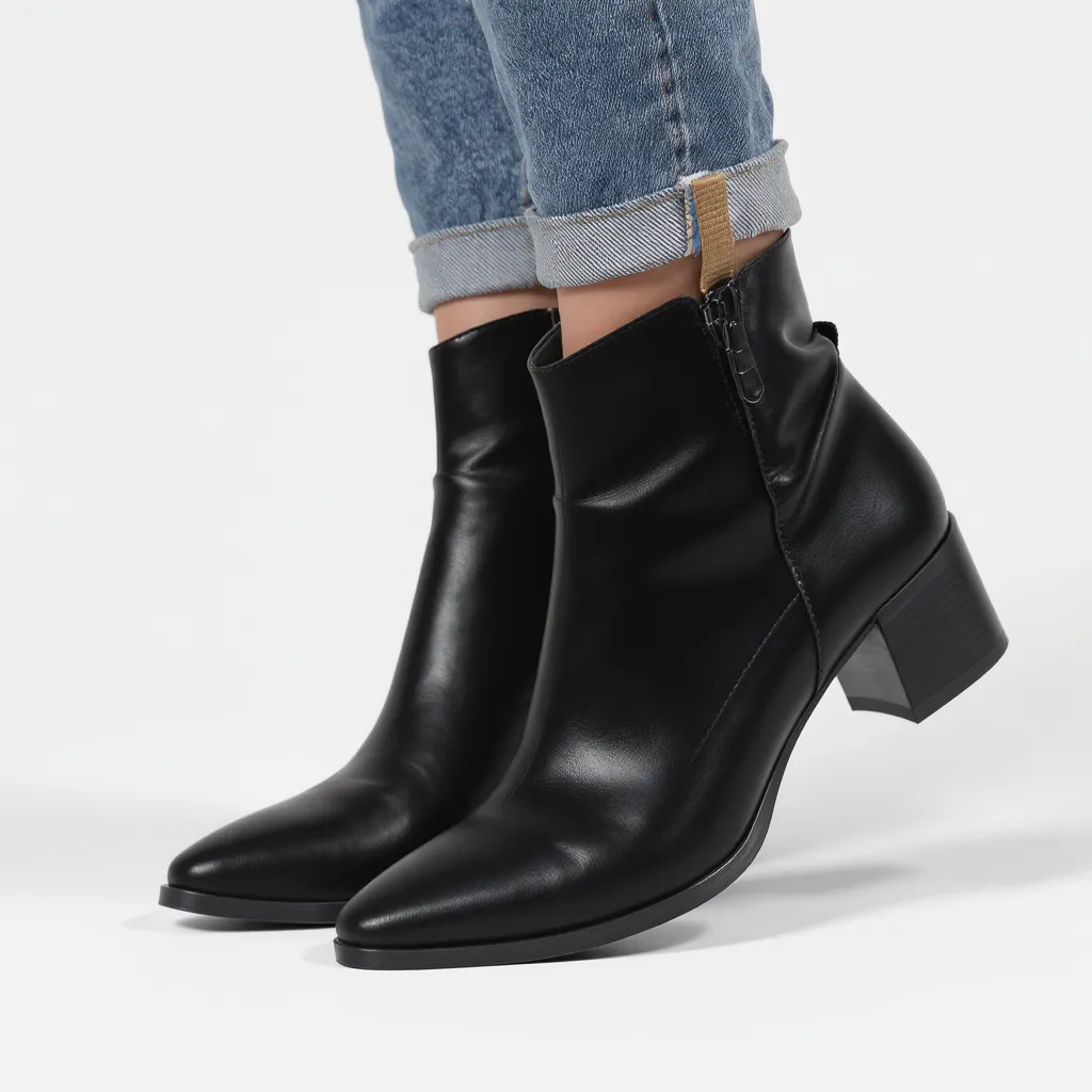 Bottines noires low boots en cuir à talons carrés portées avec un jean retroussé, look automnal chic et confortable.