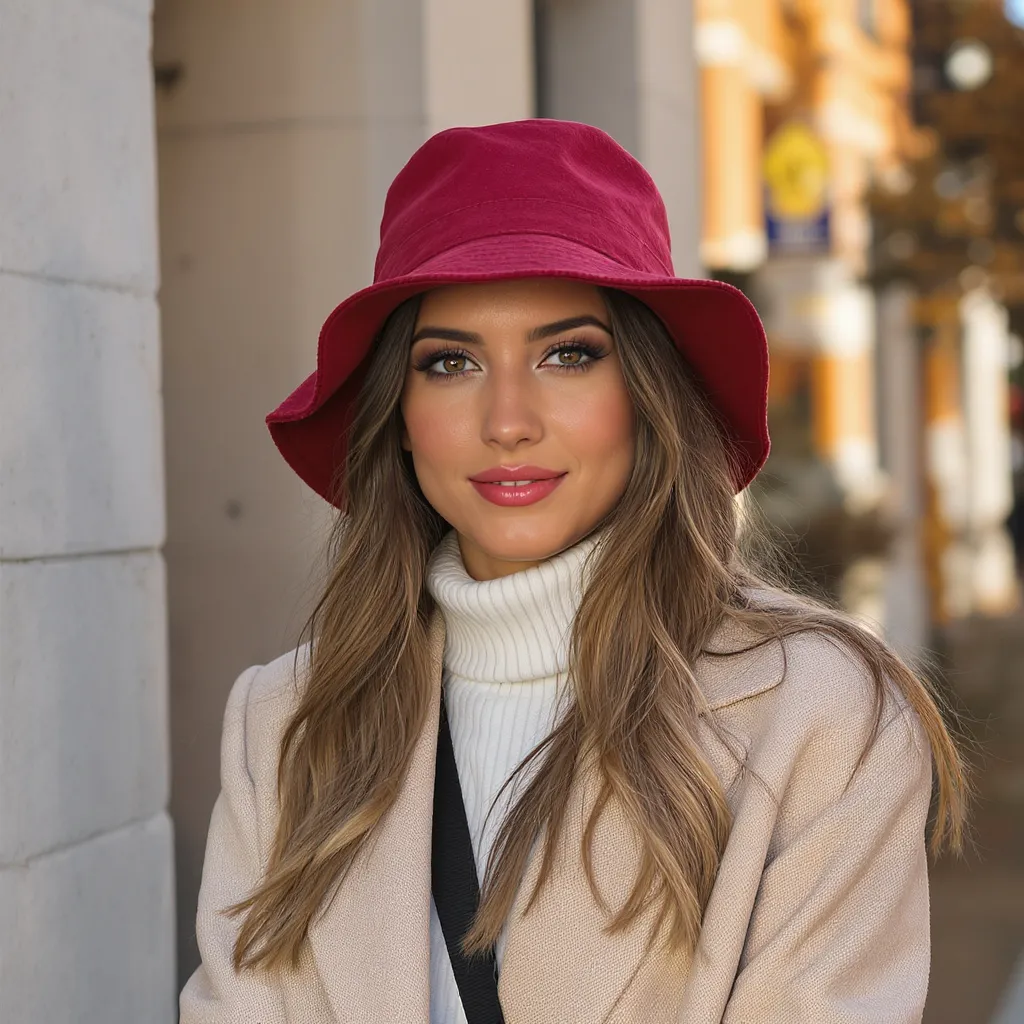 Femme portant un bob bordeaux en feutre, manteau beige et col roulé blanc, accessoire phare de la saison automnale.