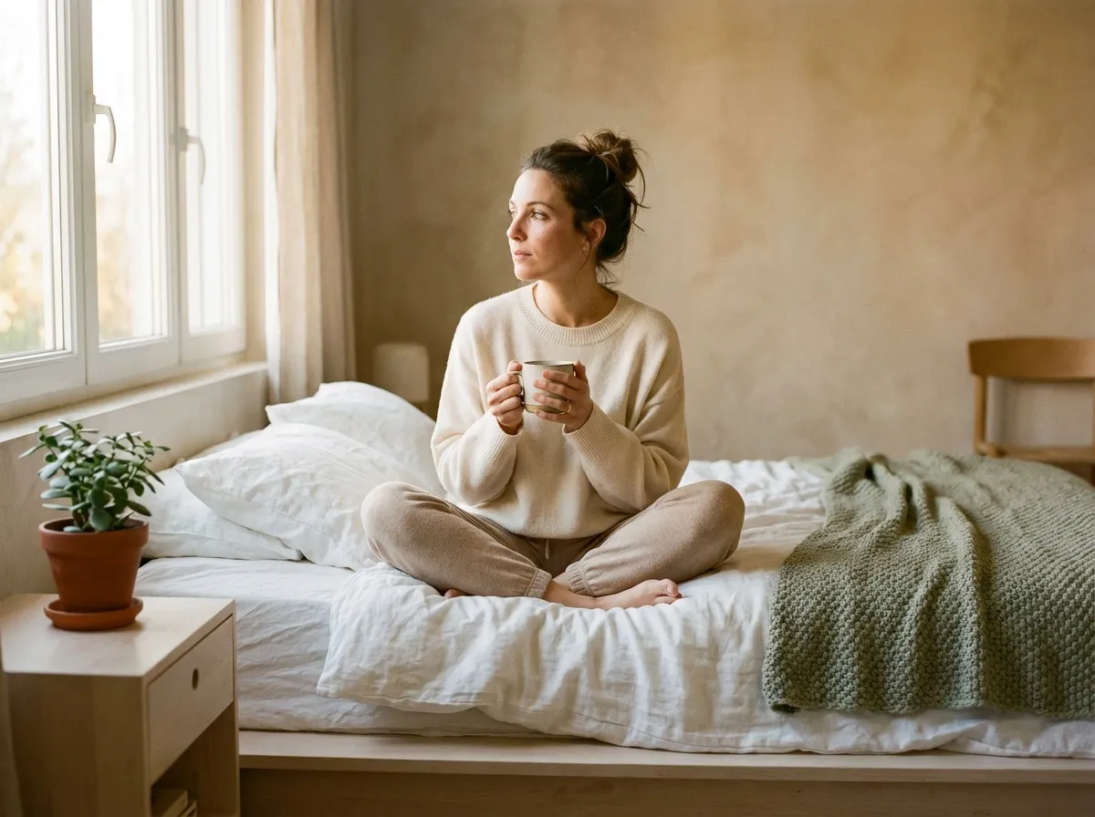 Femme assise dans son lit avec une tasse de thé, regardant par la fenêtre dans une ambiance cocooning hivernale, moment de réflexion apaisée sur le bien-être corporel
