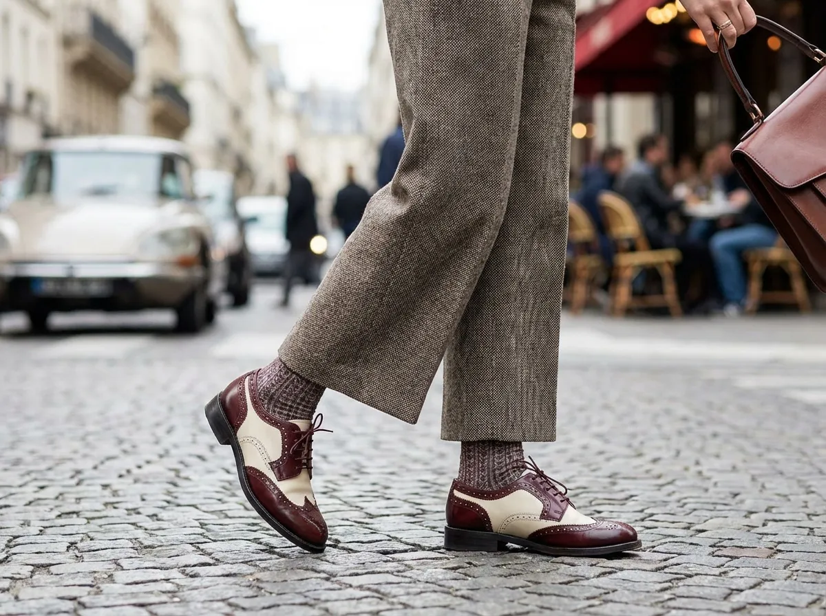 Derbies bicolores portées avec pantalon court et chaussettes apparentes, look féminin rétro chic inspiré du style anglais
