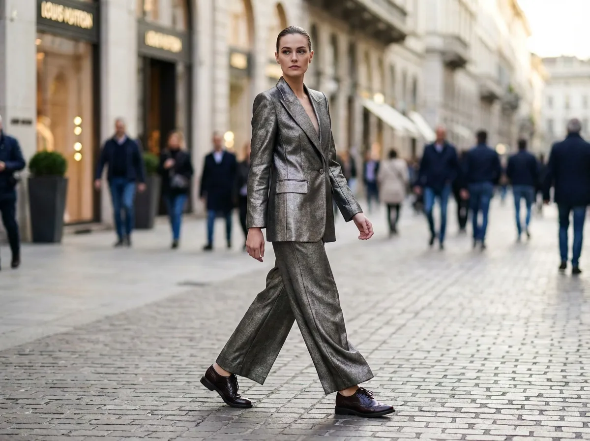 Femme élégante portant des derbies noires avec un costume gris métallisé, silhouette urbaine chic et allure androgyne moderne en ville