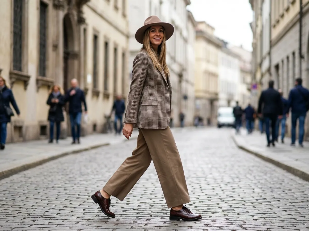 Tenue féminine chic avec derbies marron portées avec un pantalon beige et un blazer à carreaux, style casual élégant en ville