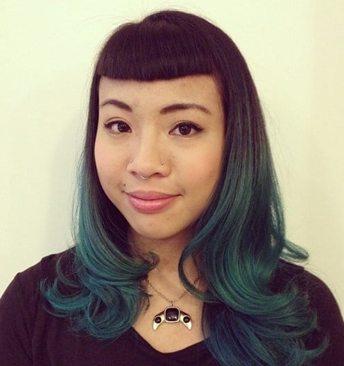 medium dark brown to teal ombre hair