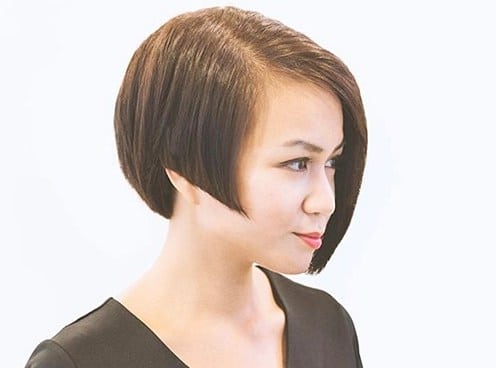 chin-length asymmetrical angled bob