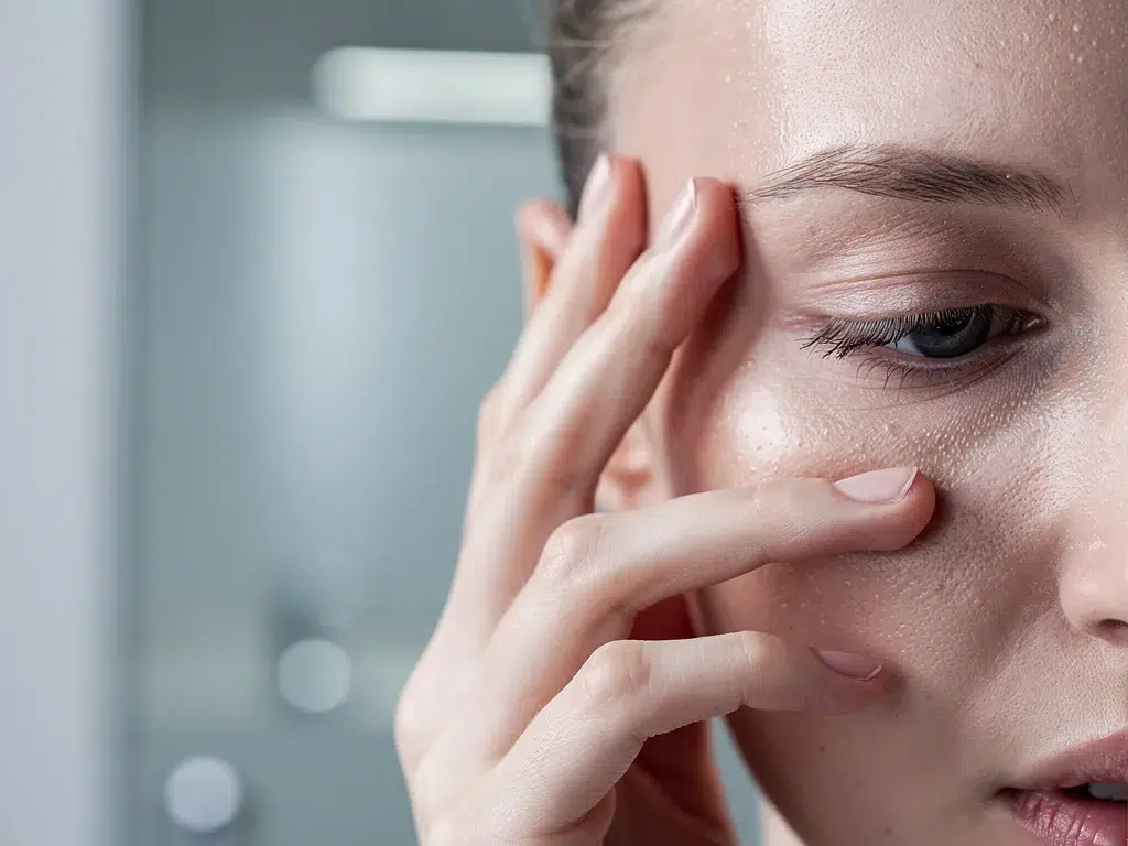 Femme examinant la texture de sa peau grasse avec pores visibles et brillance pour identifier clairement son type de peau.