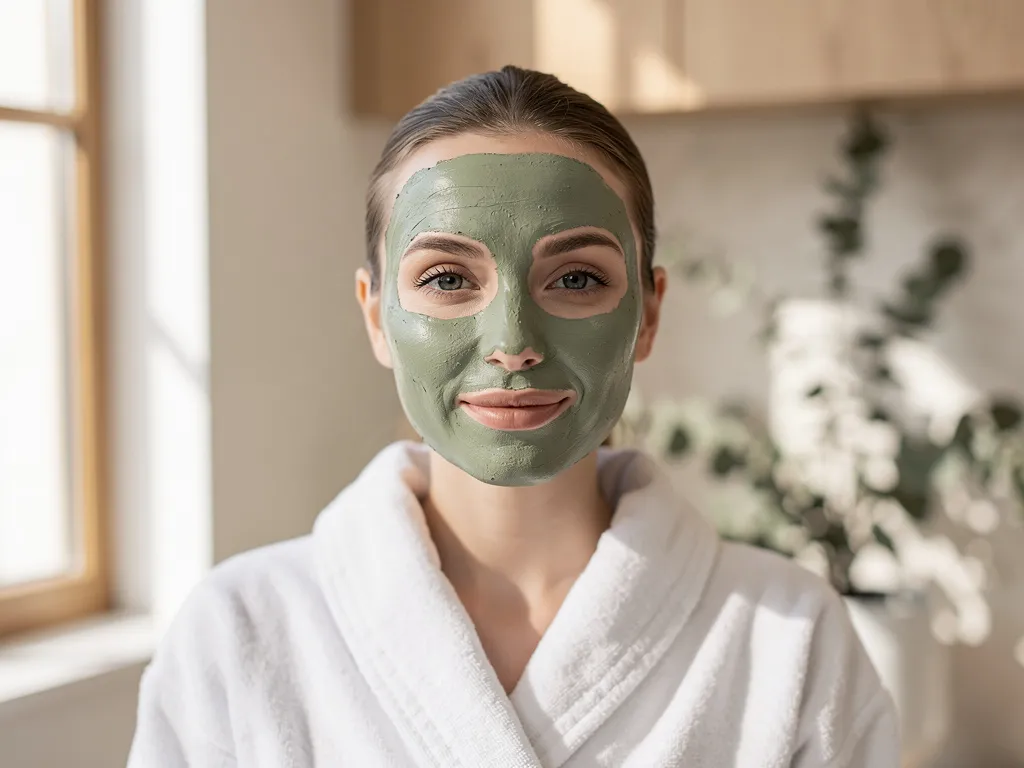 Masque à l’argile verte appliqué sur le visage pour purifier la peau grasse et absorber l’excès de sébum.