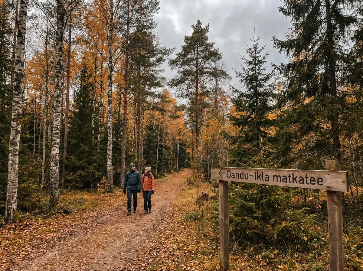 Forêt automnale Estonie parc national Lahemaa sentier couple promenade nature nordique