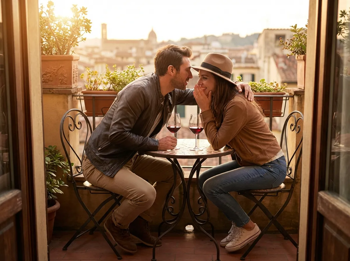 Couple complice terrasse coucher soleil voyage romantique verres vin moment intime