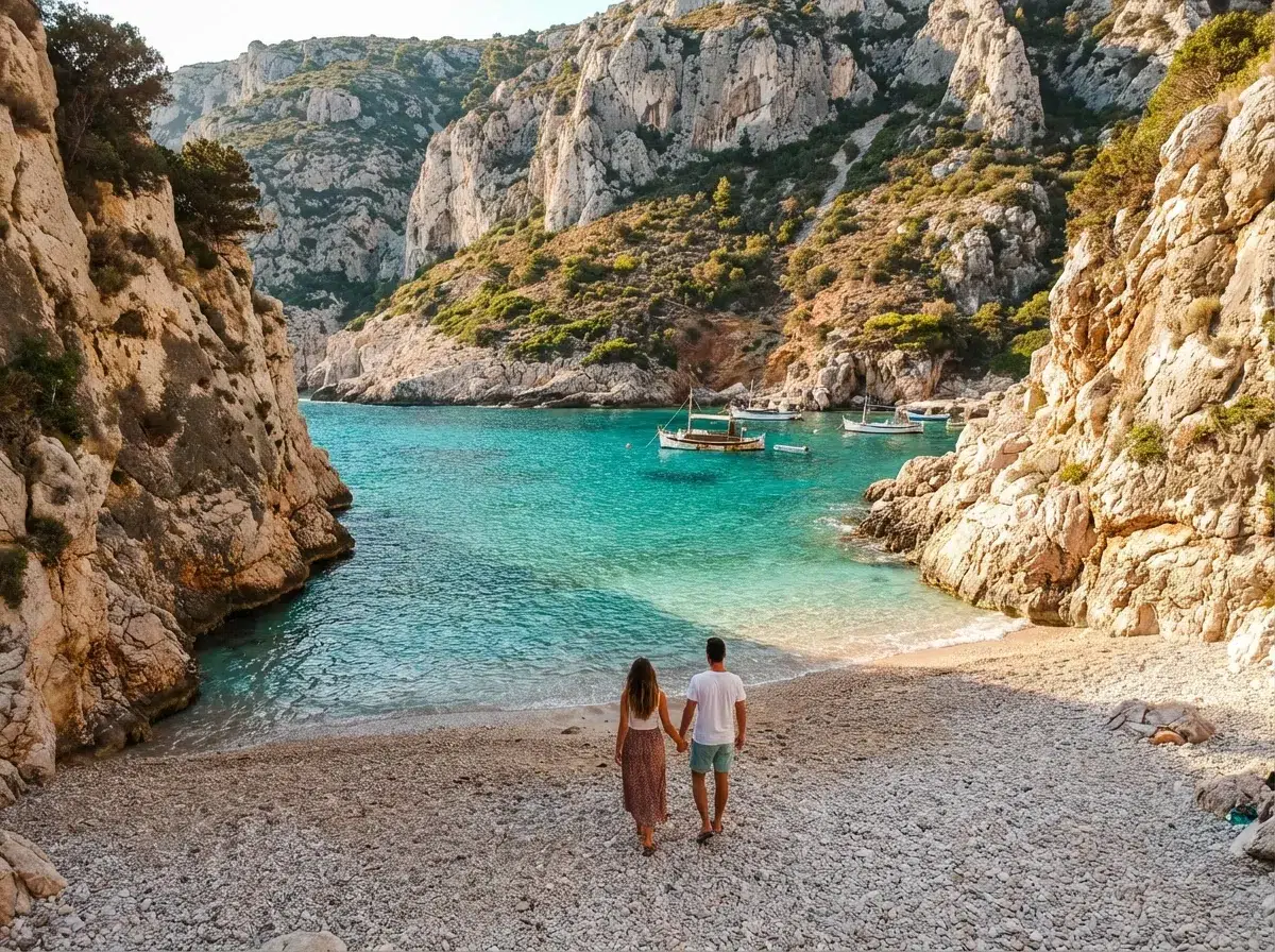 Plage secrète Albanie côte sauvage eau turquoise falaises couple main dans la main