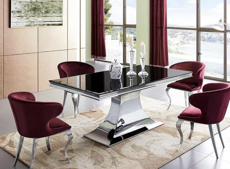 table a manger design acier chrome et noir trempe dazer les tendances