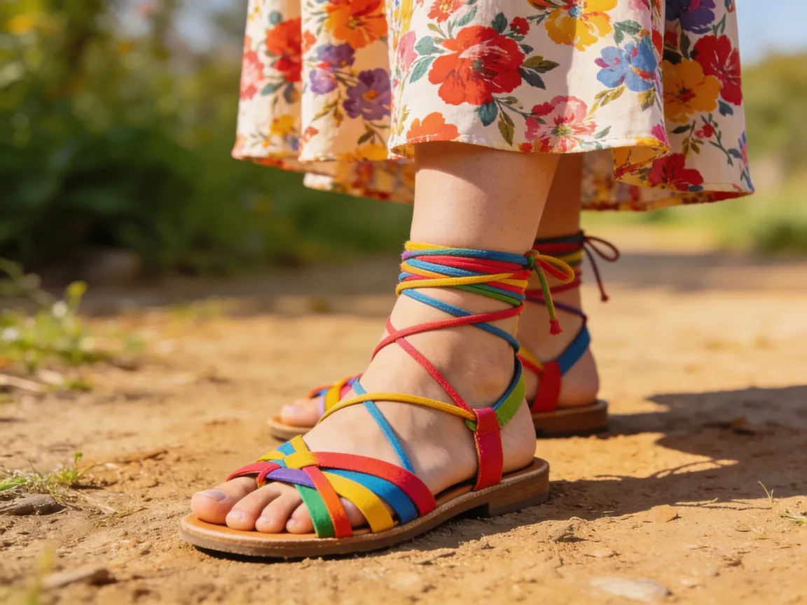 Sandales à lanières colorées enroulées autour de la cheville portées avec robe mi-longue fleurie
