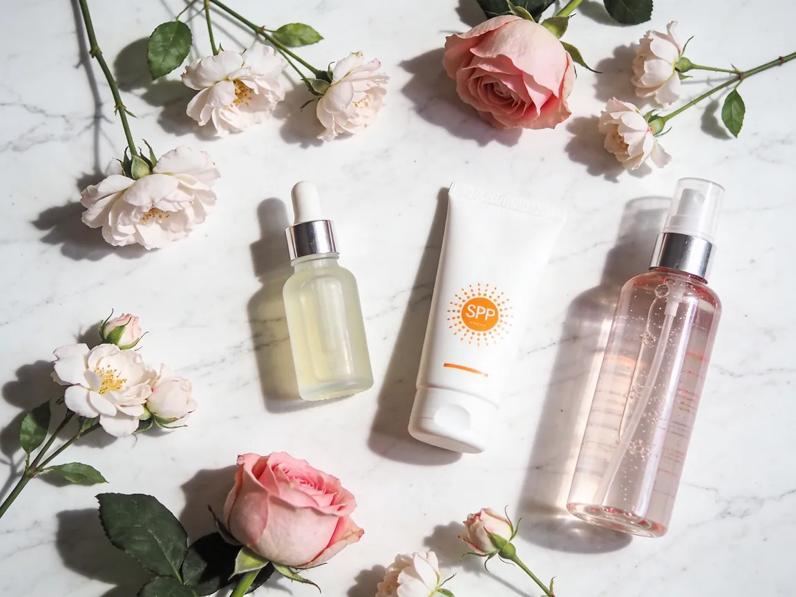 Routine soin visage printemps avec sérum léger crème solaire et brume florale