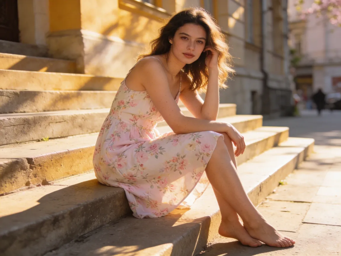 Femme en tenue pastel printanière assise au soleil dans une rue fleurie