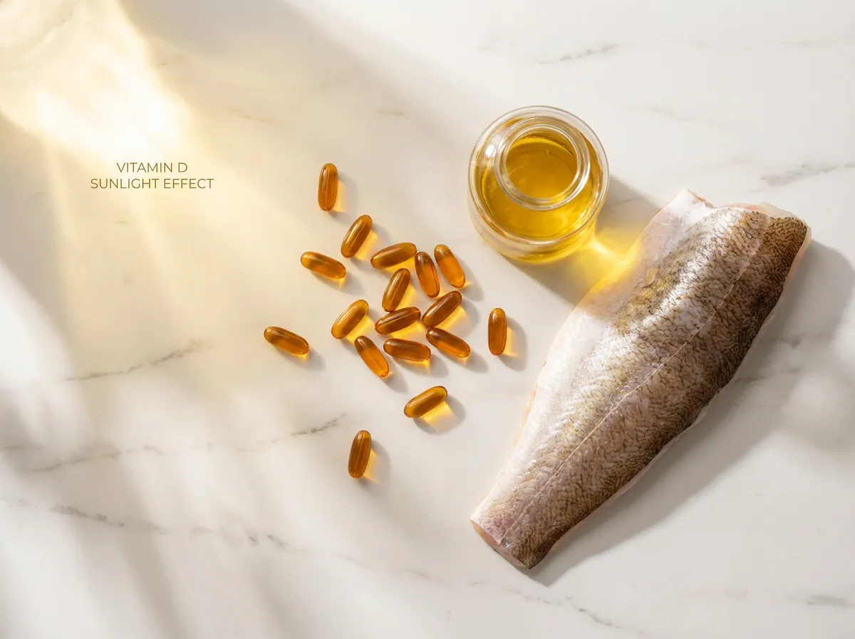 Capsules d'huile de foie de morue et flacon d'huile dorée sur marbre blanc, oméga-3 et vitamine D