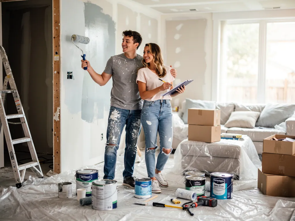 Couple en pleine rénovation maison peinture et aménagement