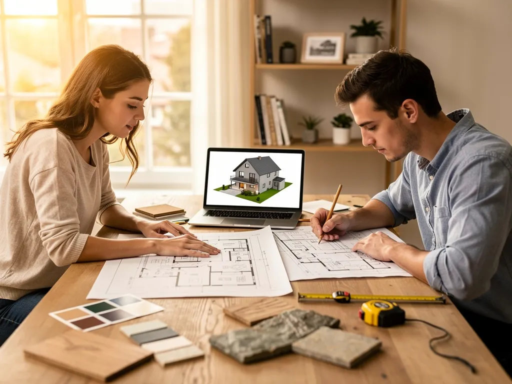 Couple qui élabore un projet maison, en plein travail sur un bureau, maquette sur ordinateur et plans