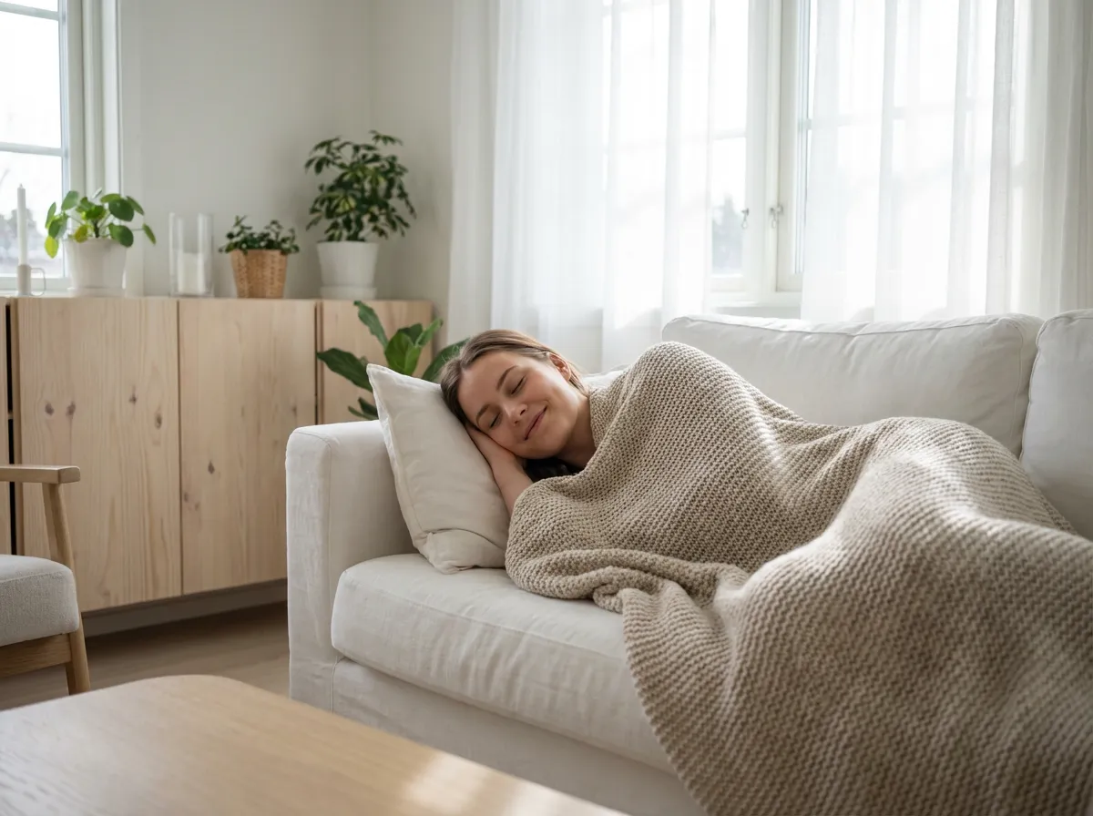 Femme faisant une sieste courte sur un canapé blanc dans un salon lumineux et épuré