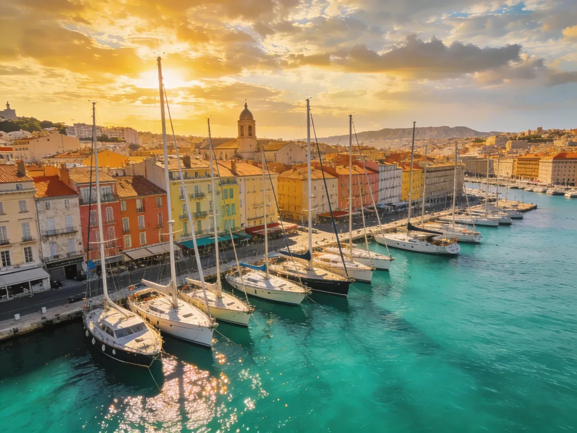 Vue aérienne du Vieux-Port de Marseille au coucher du soleil avec bateaux et façades colorées