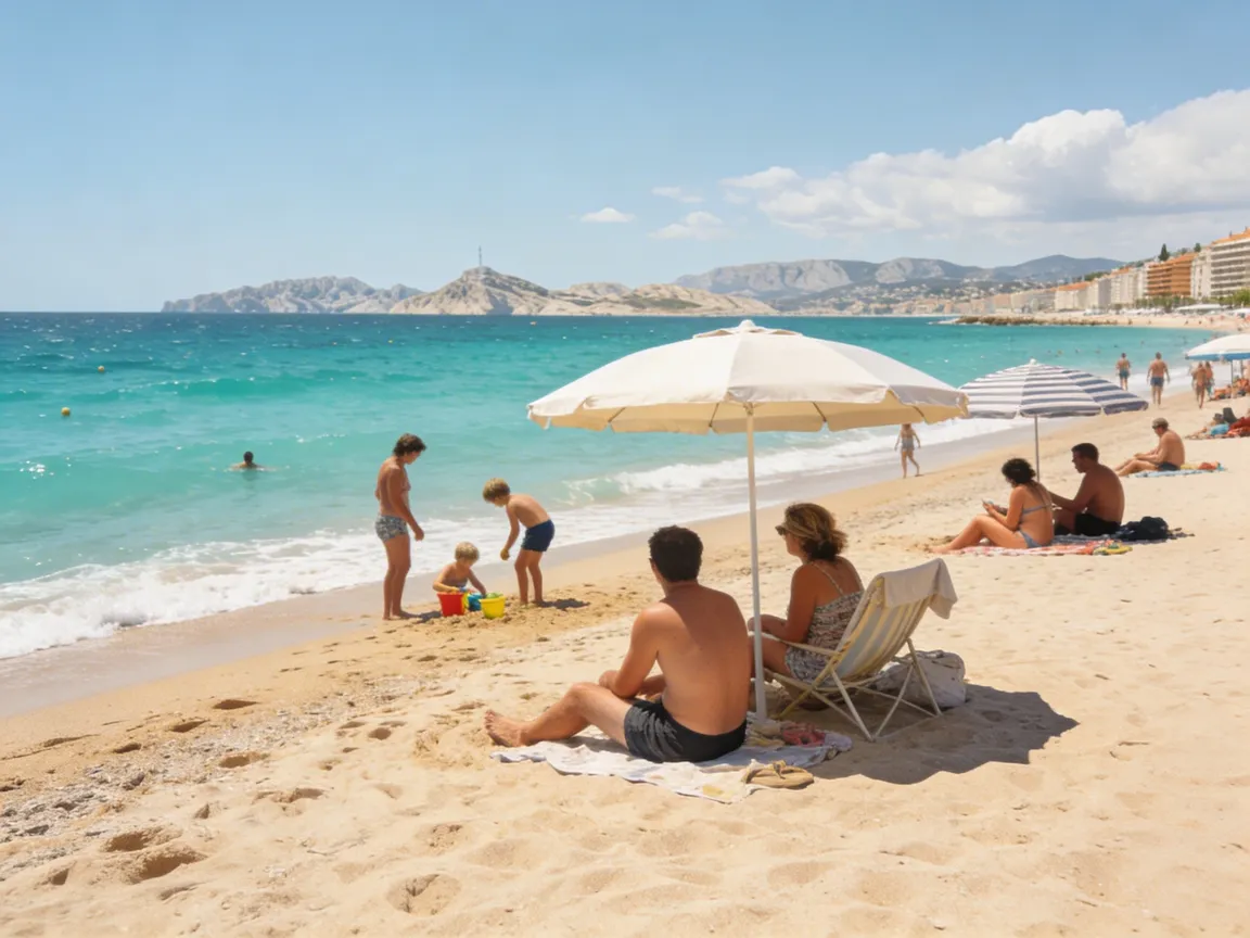 Plages du Prado à Marseille avec mer turquoise et familles en été