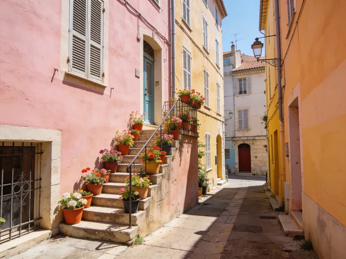 Ruelle colorée du quartier Le Panier à Marseille avec escaliers fleuris et façades pastels