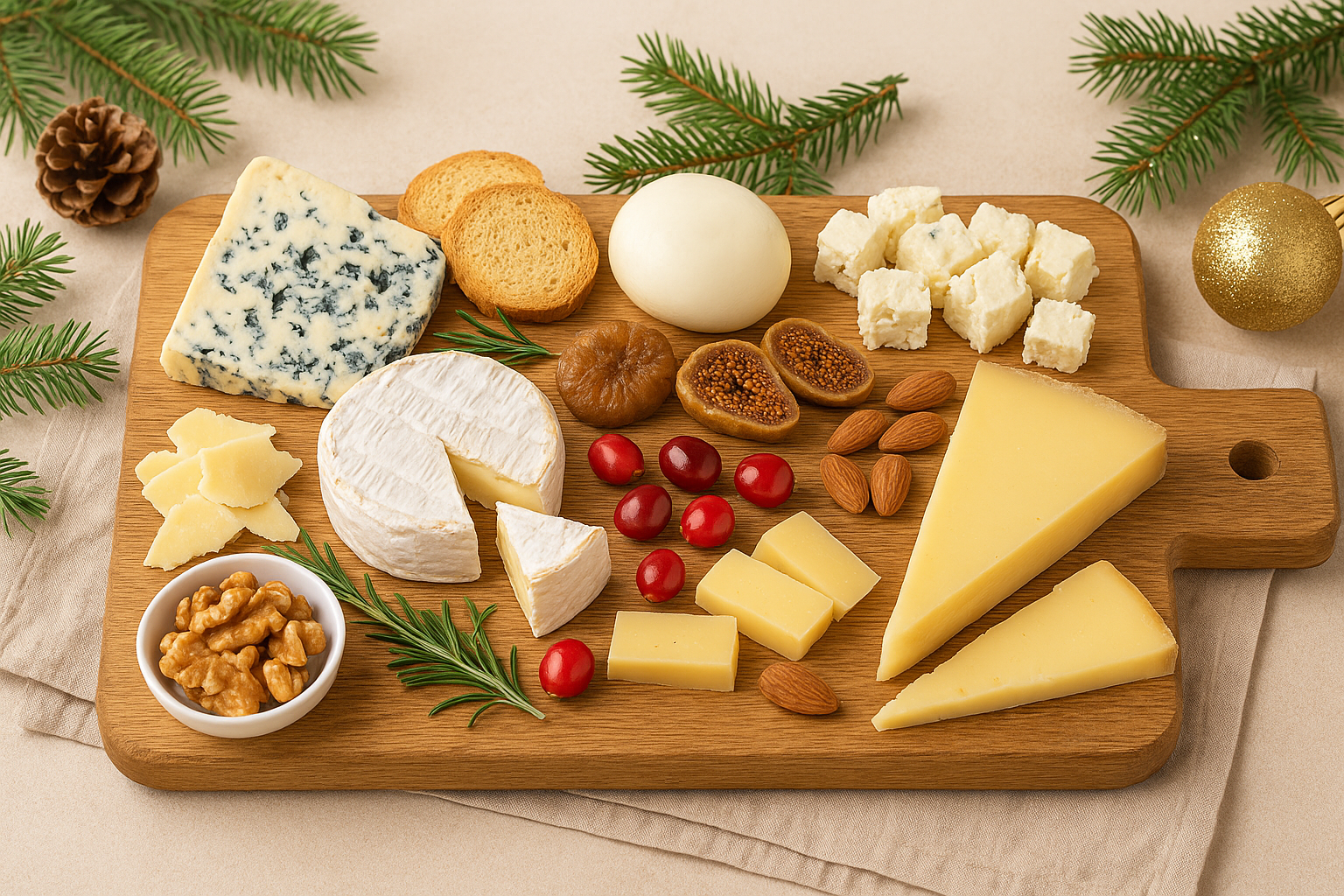Plateau de fromages festif avec brie, gorgonzola, feta, gruyère, noix et fruits secs décoré pour Noël