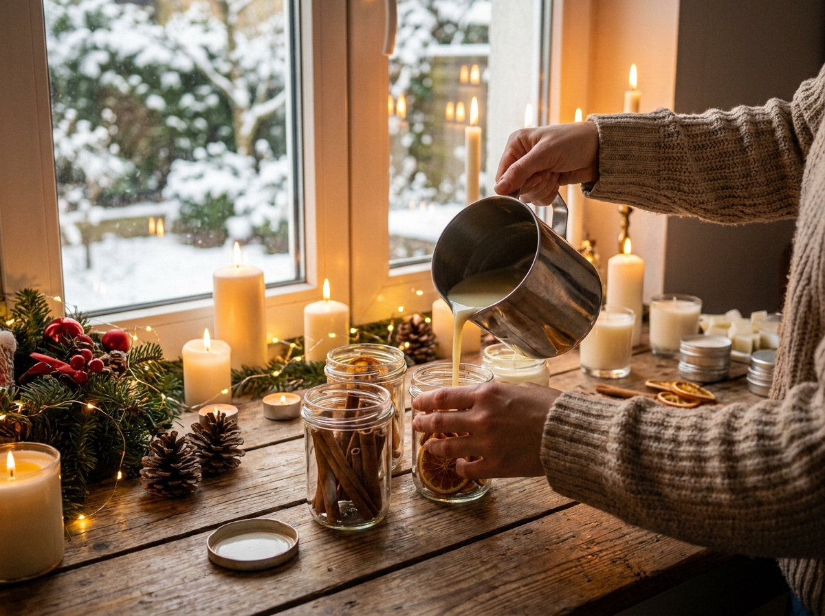 Mains fabriquant des bougies DIY avec épices de Noël, cannelle et oranges séchées, ambiance cosy hivernale