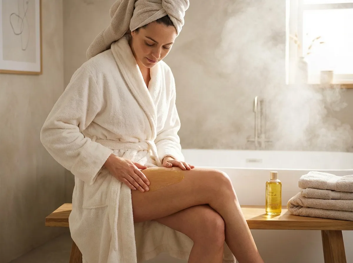 Femme appliquant une huile sur la hanche après la douche, massage doux pour améliorer souplesse de la peau