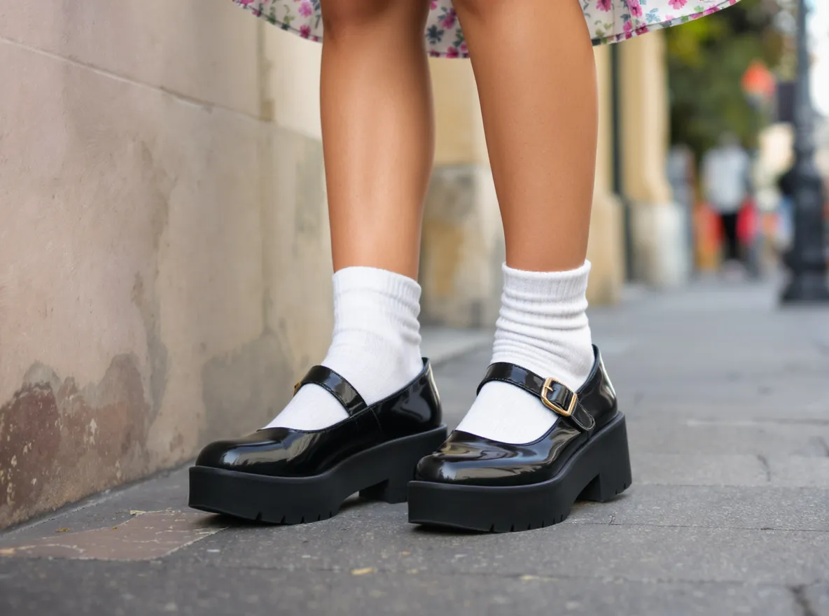 Babies épaisses plateformes noires portées avec chaussettes blanches et robe fleurie courte