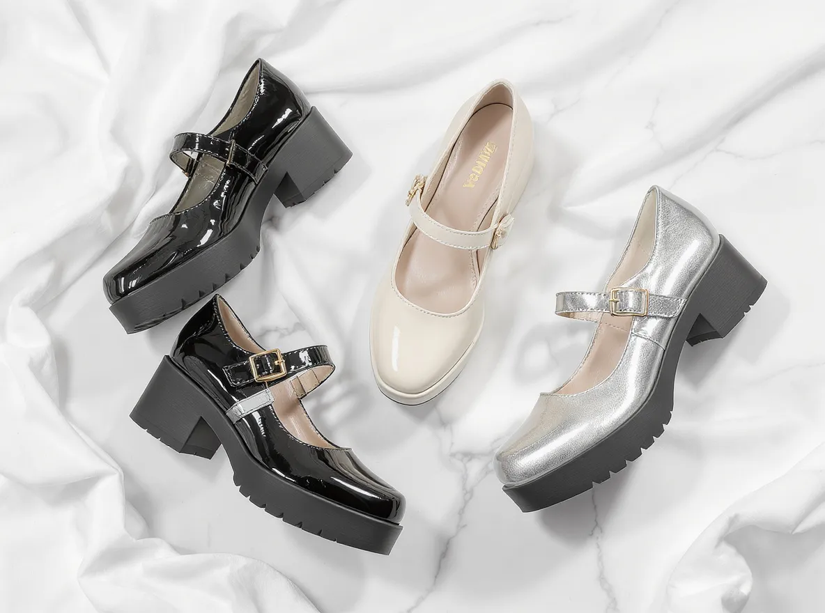 Comparatif babies plateformes : modèle noir verni, crème bride dorée et argenté style Y2K