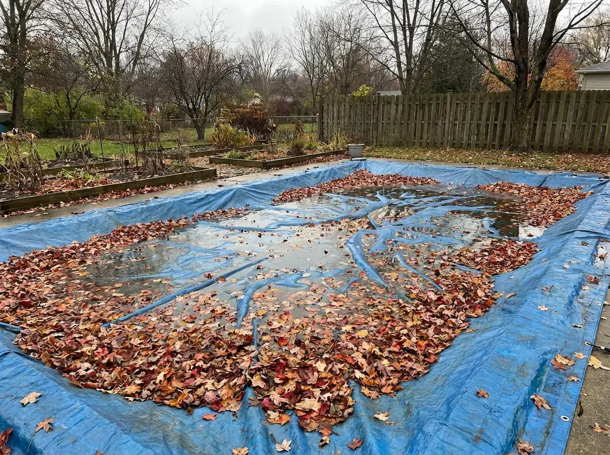 Piscine recouverte d'une bâche bleue entourée de feuilles d'automne