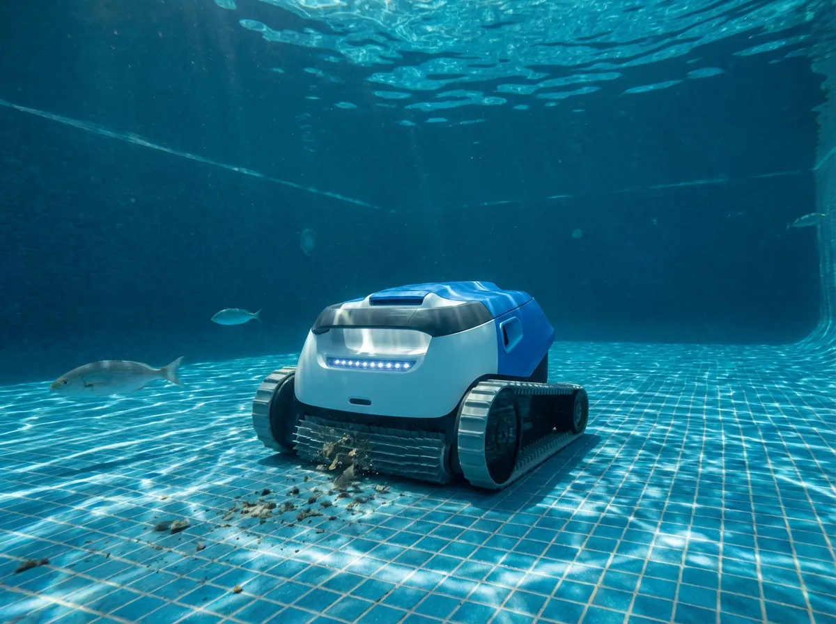 Robot nettoyeur se déplaçant sur le fond d'un bassin piscine