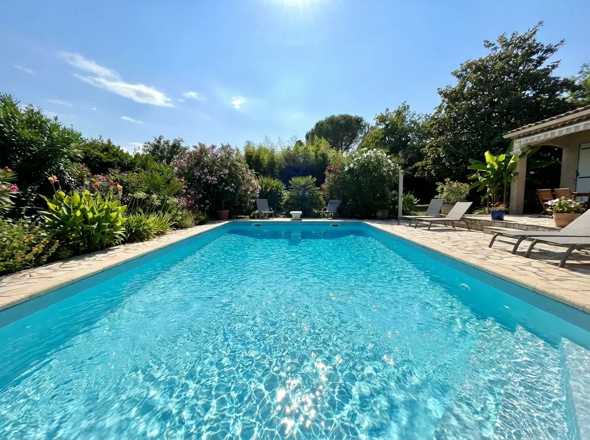 Eau bleue d'une piscine familiale par temps ensoleillé