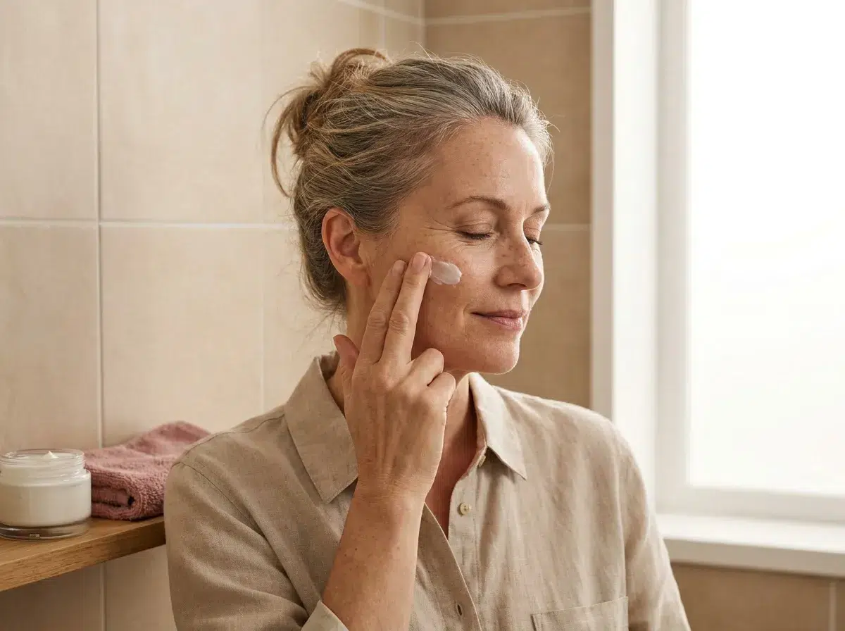 Femme appliquant un gommage doux visage, geste circulaire sans frotter