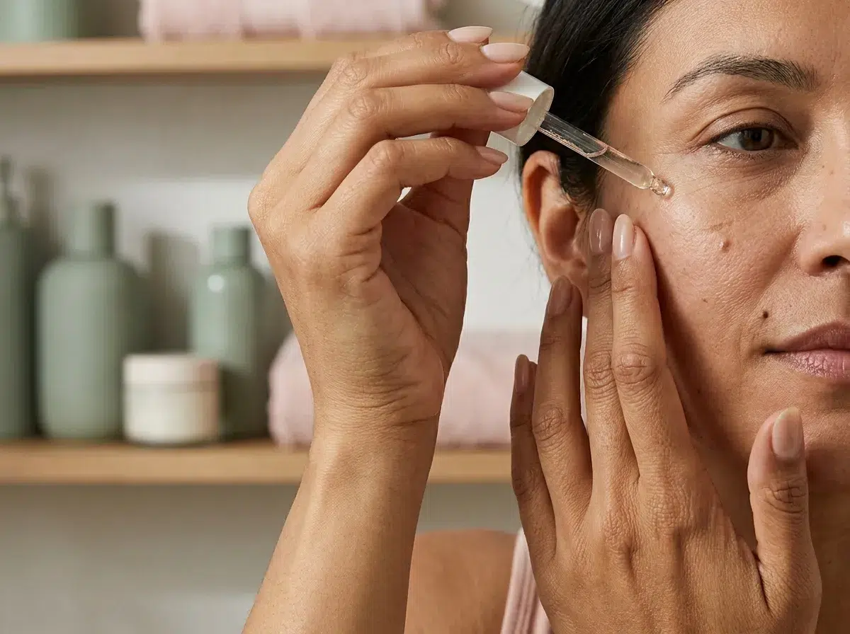  Application d'un sérum soin visage sur peau mixte, routine du matin
