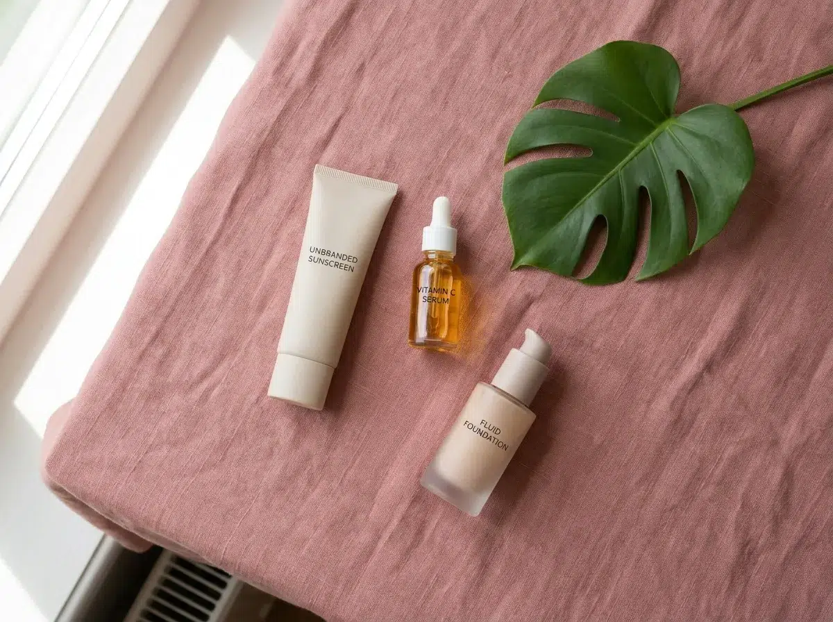Soins essentiels routine visage : SPF, sérum vitamine C et fond de teint