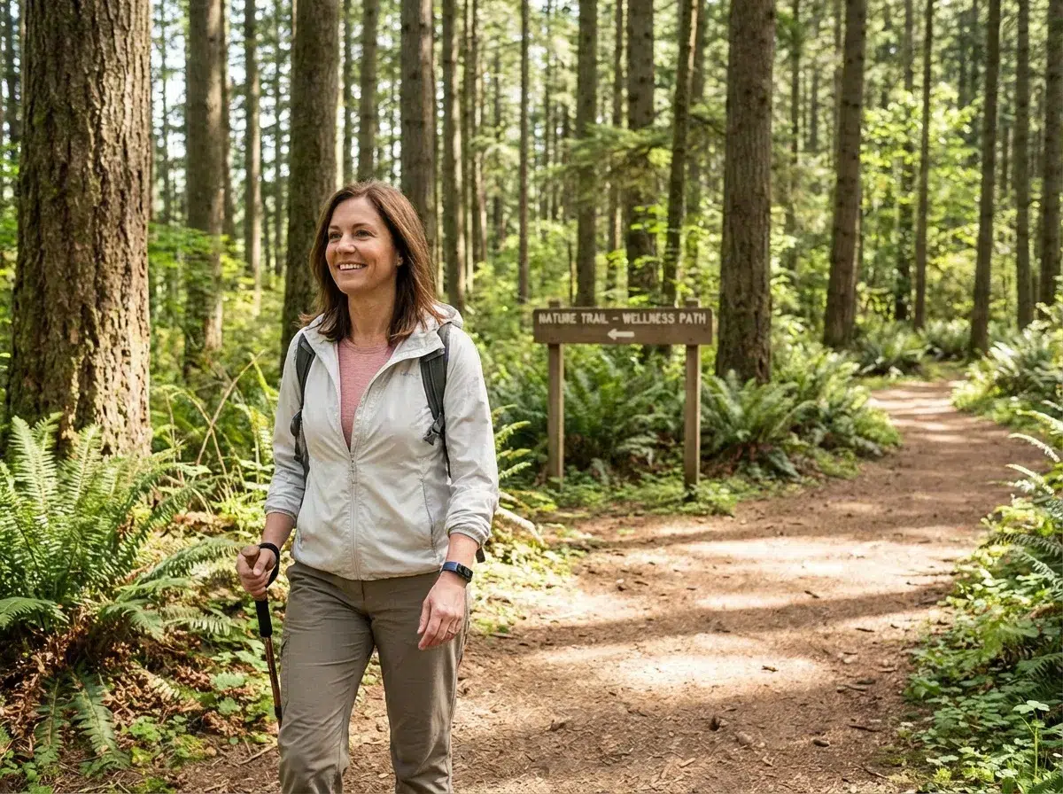 Femme marchant sentier nature forêt activité physique douce bien-être perte poids progressive