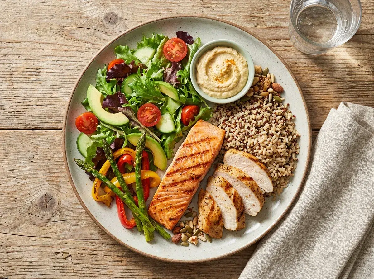 Assiette colorée équilibrée légumes frais protéines céréales complètes alimentation saine naturelle