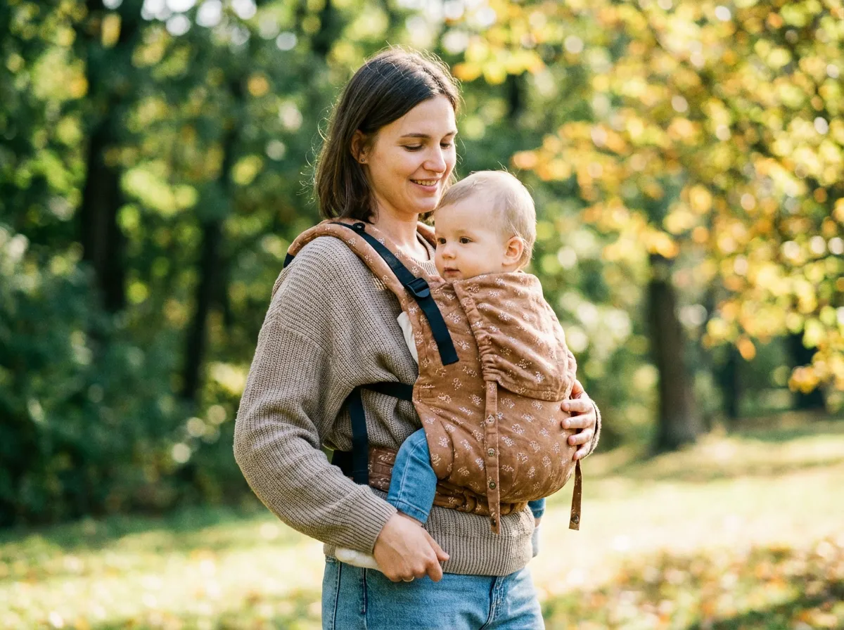 Femme souriante portant un jeune enfant dans un porte-bébé physiologique en tissu marron à motifs, balade en forêt en automne, portage ergonomique en extérieur.