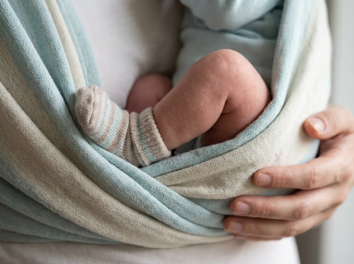Gros plan sur les jambes d'un nouveau-né positionné en "M" dans une écharpe de portage en maille bleue et crème, respectant la physiologie des hanches.