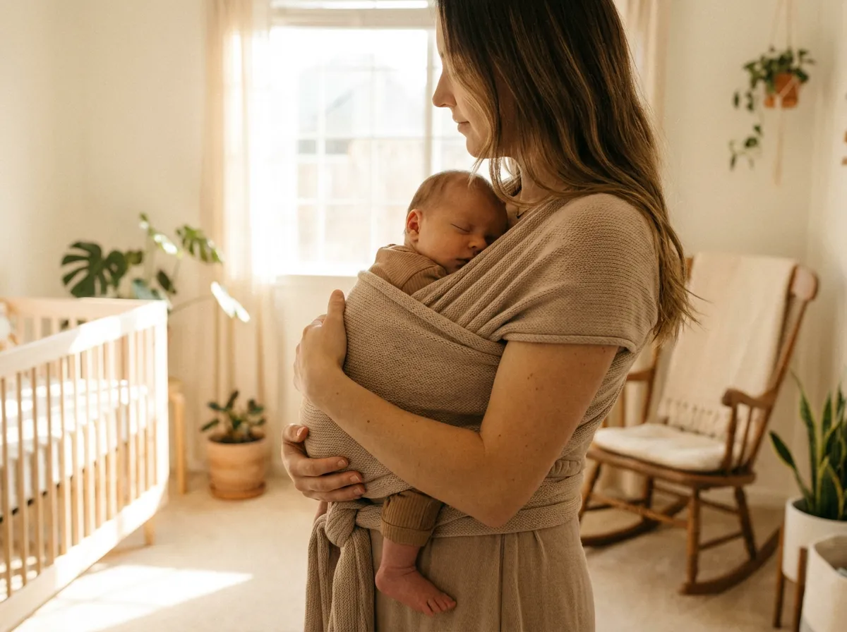 Mère portant son nourrisson en écharpe extensible, position physiologique ventrale