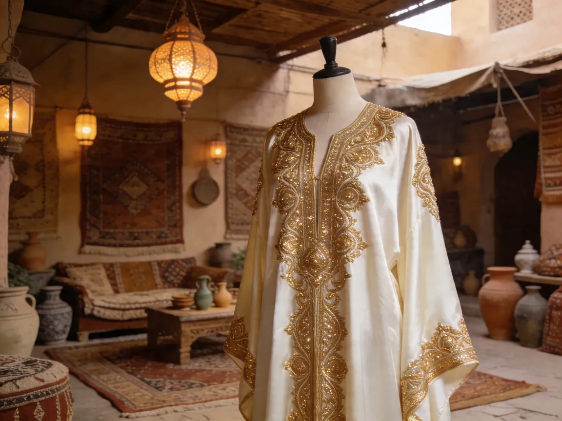 caftan marocain soie broderie or artisanal traditionnel sur un mannequin dans un souk 