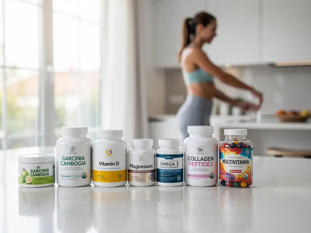 Garcinia Cambogia, vitamines d, magnésium, collagene peptide, oméga 3, multivitamines sur  plan de travail cuisine avec femme sportive en arriere plan