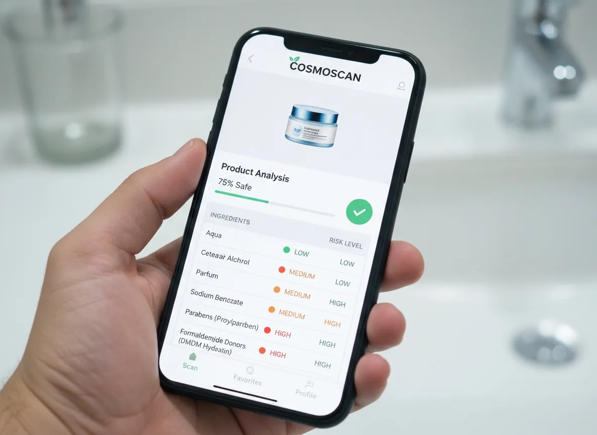 Téléphone affichant l’analyse d’un produit cosmétique via une application avec liste des ingrédients et niveaux de risque