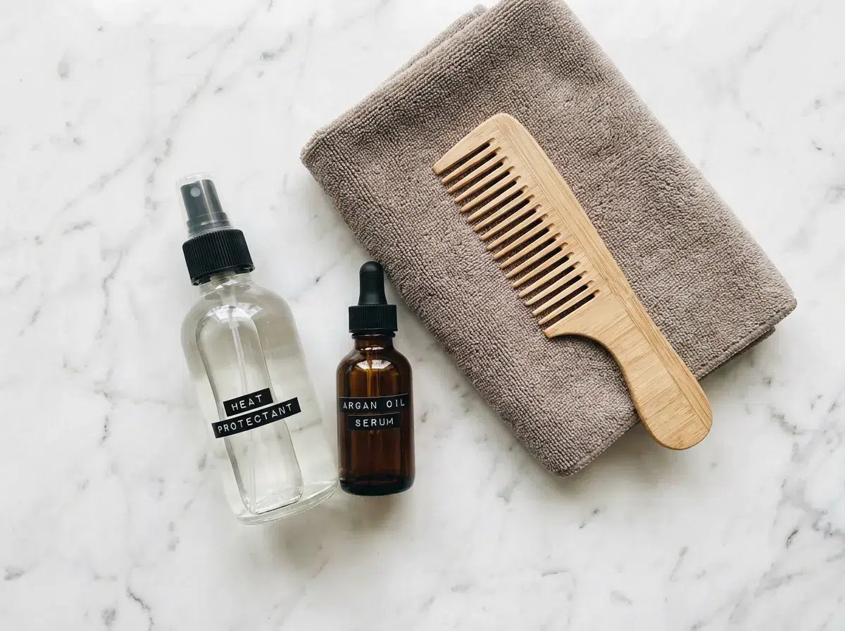 Produits essentiels pour une routine cheveux lisses : spray thermo-protecteur, sérum lissant, peigne à dents larges