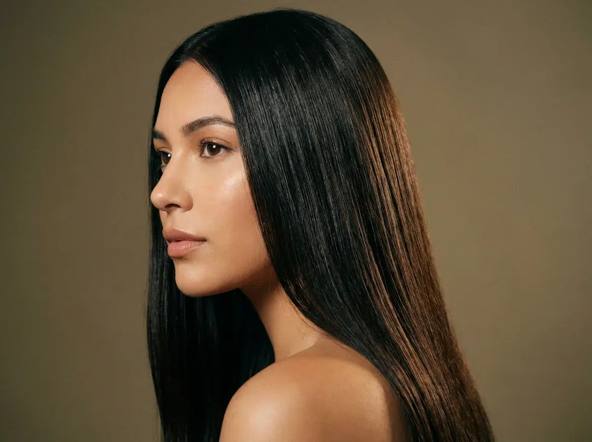 Femme aux cheveux lisses et brillants après une routine capillaire complète