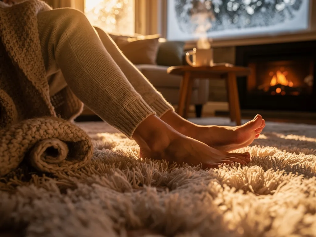 Pieds posés sur un tapis épais dans un intérieur hivernal, illustrant le confort thermique offert par un tapis en hiver
