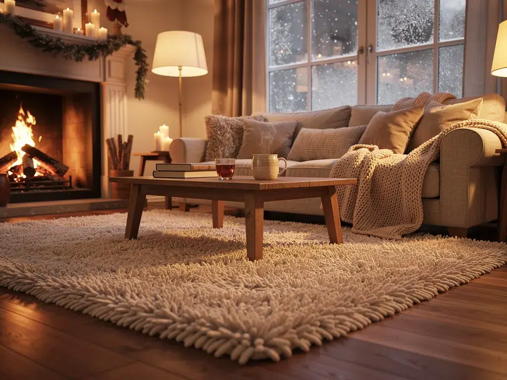 Salon chaleureux en hiver avec un tapis épais structurant l’espace et apportant une ambiance cocooning