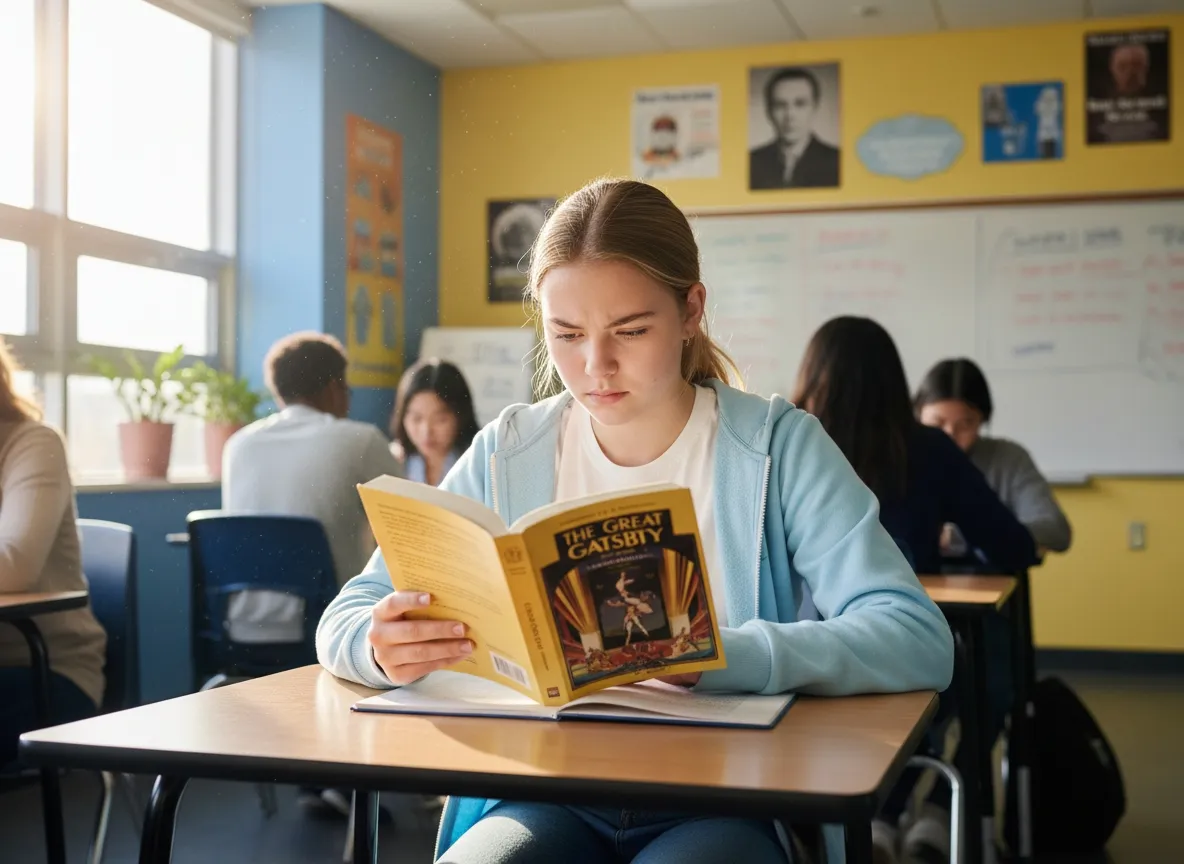 Enfant ou adolescent en classe, cahier d’anglais ouvert, attitude concentrée mais hésitante, environnement scolaire