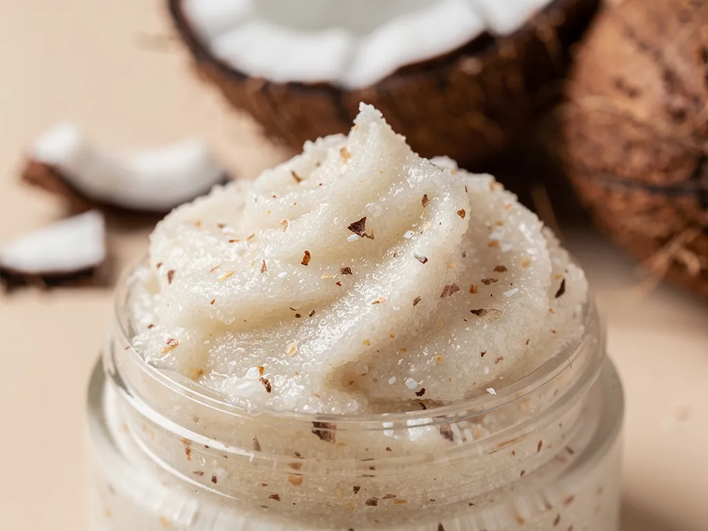 Gros plan sur un gommage à la noix de coco montrant sa texture crémeuse et ses grains exfoliants, évoquant une expérience sensorielle riche
