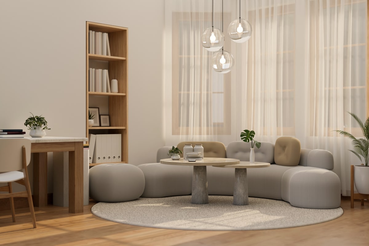 Beau design d'intérieur de salon contemporain minimal avec un canapé confortable et tendance contre la fenêtre avec des rideaux transparents, une table basse, une étagère intégrée et un décor. rendu 3d, illustration 3d